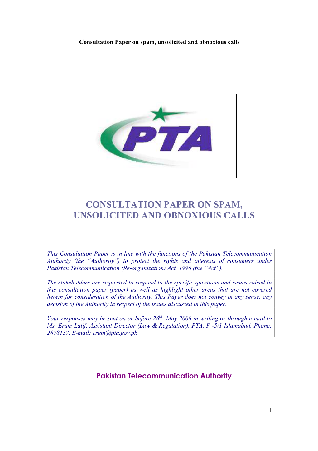 Consultation Paper on Spam, Unsolicited and Obnoxious Calls