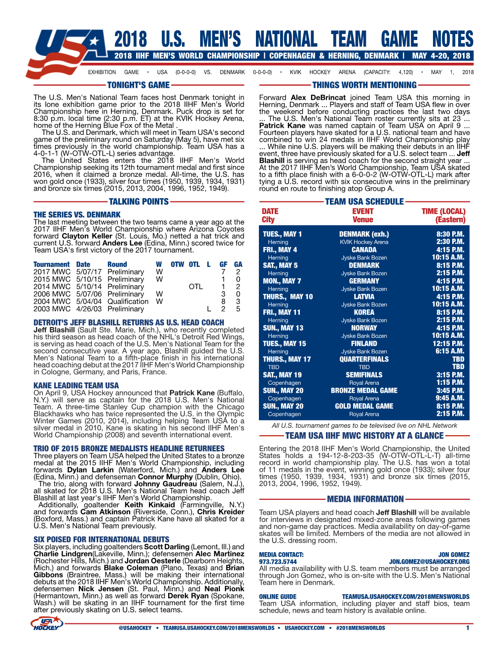 2018 U.S. Men's National Team Game Notes Exhibition Game Vs