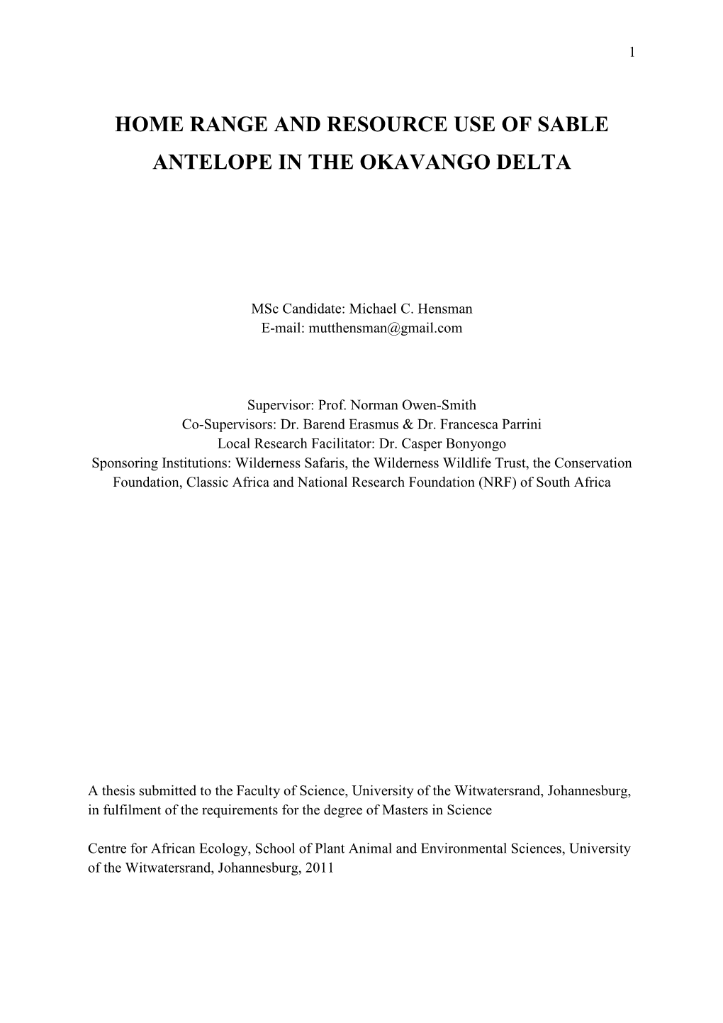 Home Range and Resource Use of Sable Antelope in the Okavango Delta