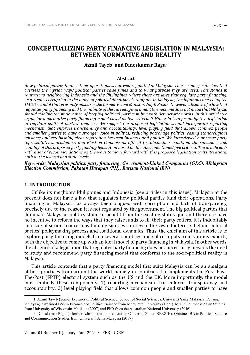 Conceptualizing Party Financing Legislation in Malaysia ~ 35 ~