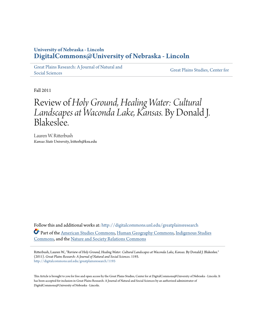 Review of Holy Ground, Healing Water: Cultural Landscapes at Waconda Lake, Kansas. by Donald J. Blakeslee. Lauren W