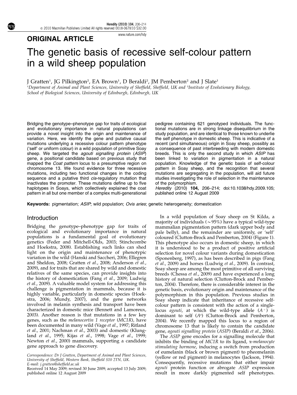 The Genetic Basis of Recessive Self-Colour Pattern in a Wild Sheep Population