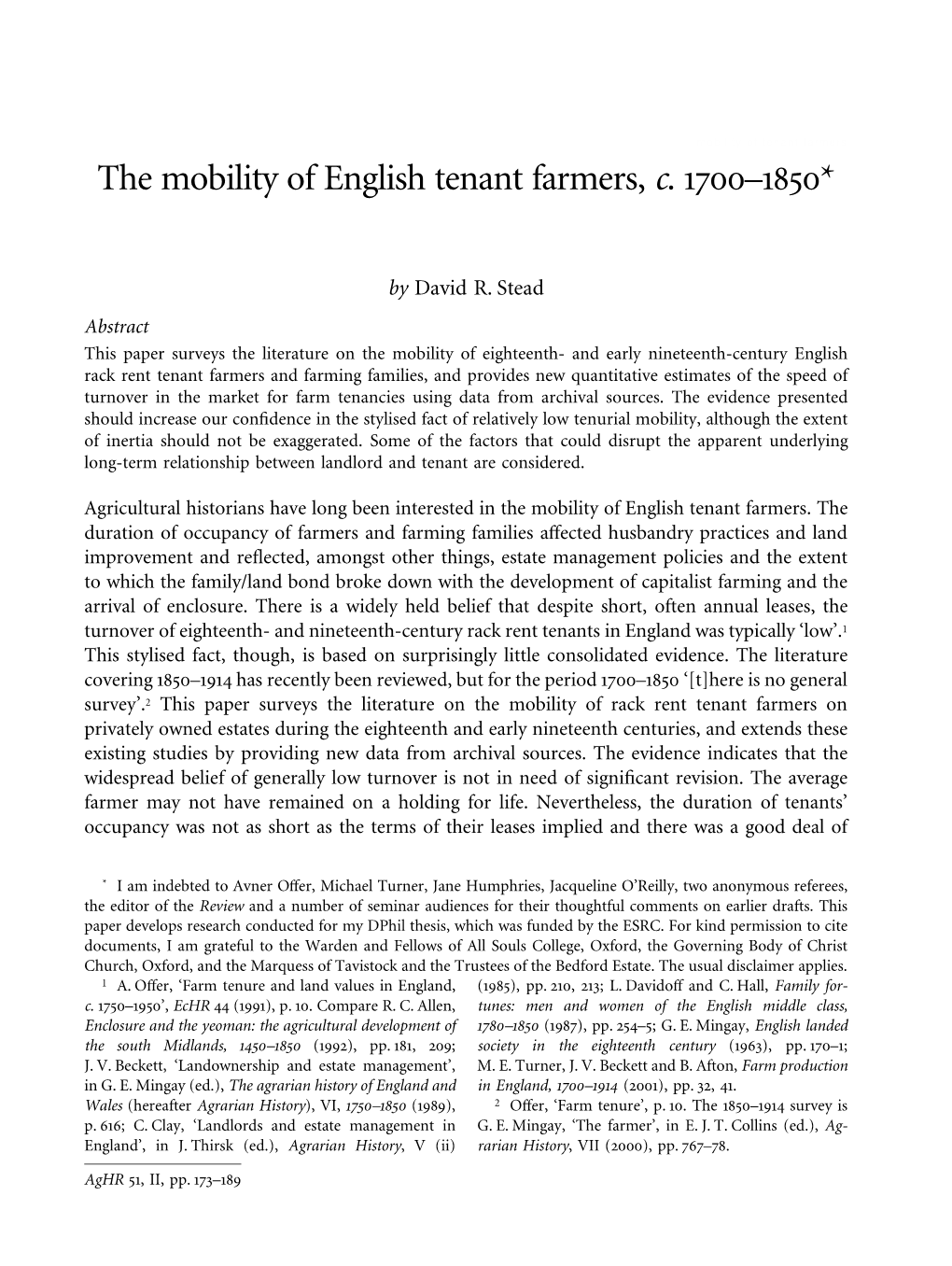 The Mobility of English Tenant Farmers, C. 1700–1850*