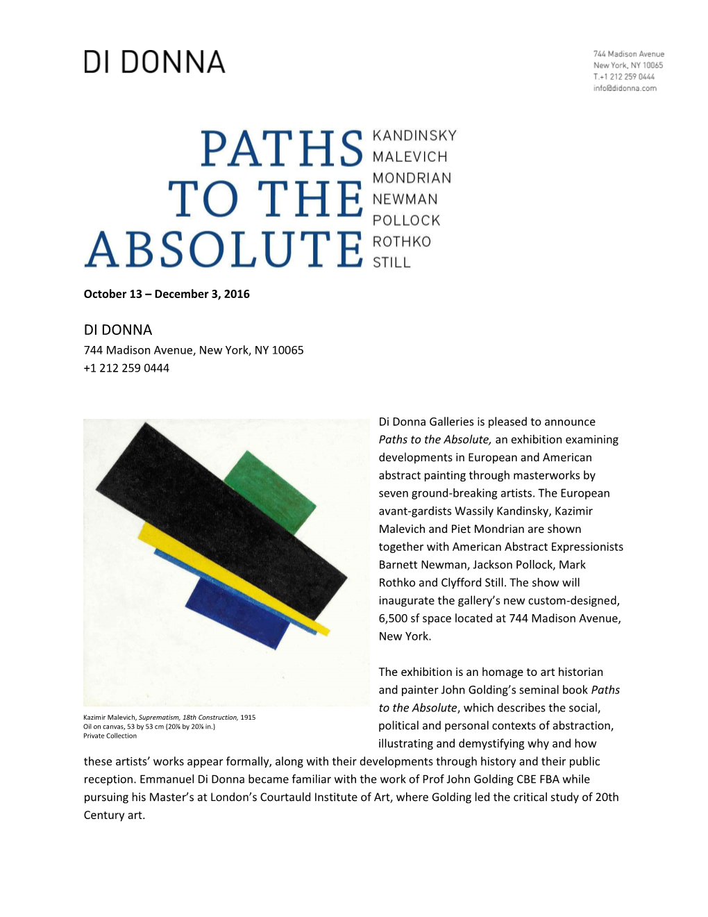 Paths to the Absolute, an Exhibition Examining Developments in European and American Abstract Painting Through Masterworks by Seven Ground-Breaking Artists