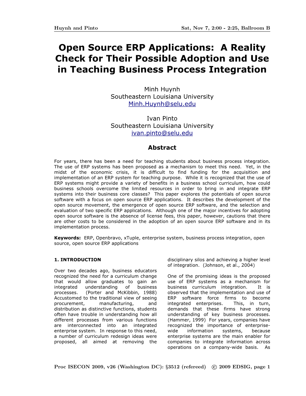 Open Source ERP Applications: a Reality Check for Their Possible Adoption and Use in Teaching Business Process Integration