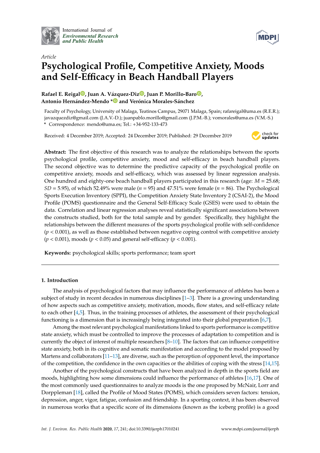 Psychological Profile, Competitive Anxiety, Moods and Self-Efficacy In