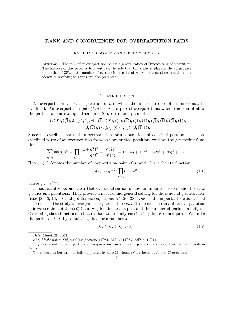 Rank and Congruences for Overpartition Pairs