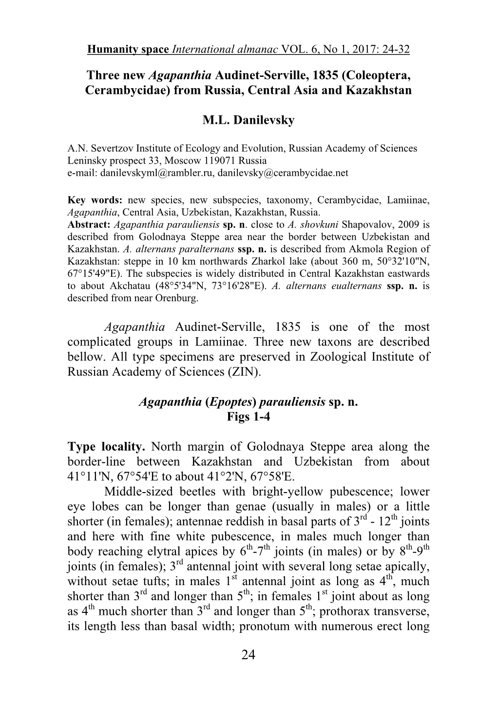 Three New Agapanthia Audinet-Serville, 1835 (Coleoptera, Cerambycidae) from Russia, Central Asia and Kazakhstan