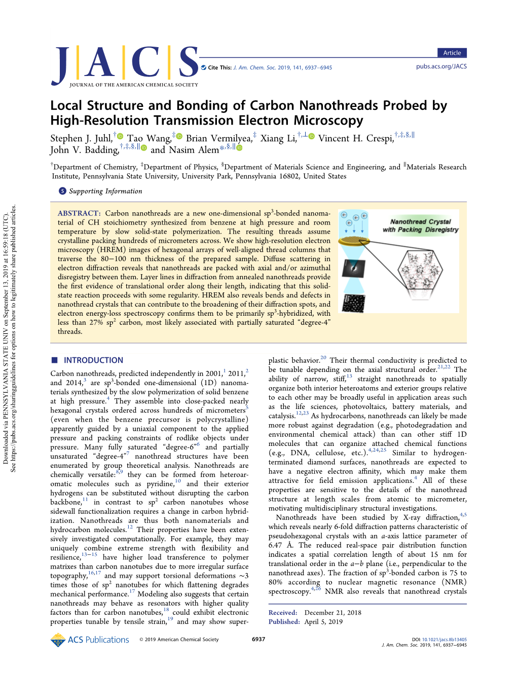 Local Structure and Bonding of Carbon Nanothreads Probed by High-Resolution Transmission Electron Microscopy † ‡ ‡ † ⊥ † ‡ § ∥ Stephen J