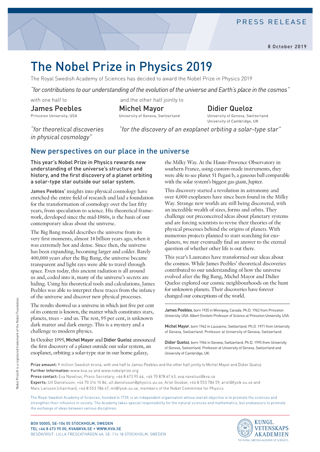 Press Release: the Nobel Prize in Physics 2019