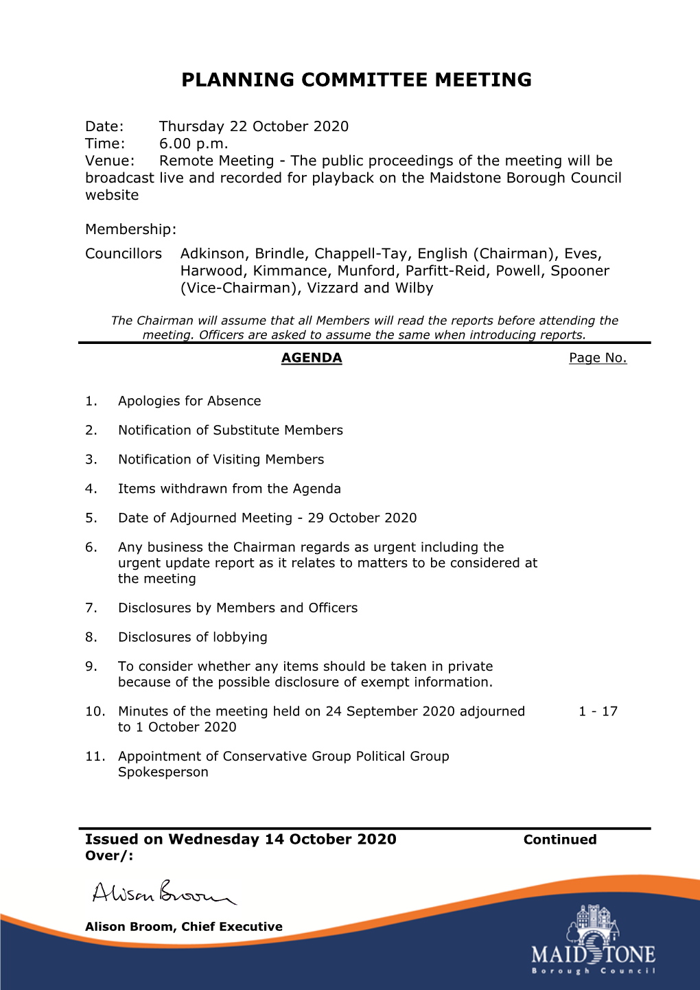 Agenda Document for Planning Committee, 22/10/2020 18:00