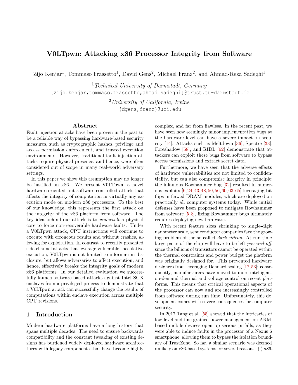 V0ltpwn: Attacking X86 Processor Integrity from Software