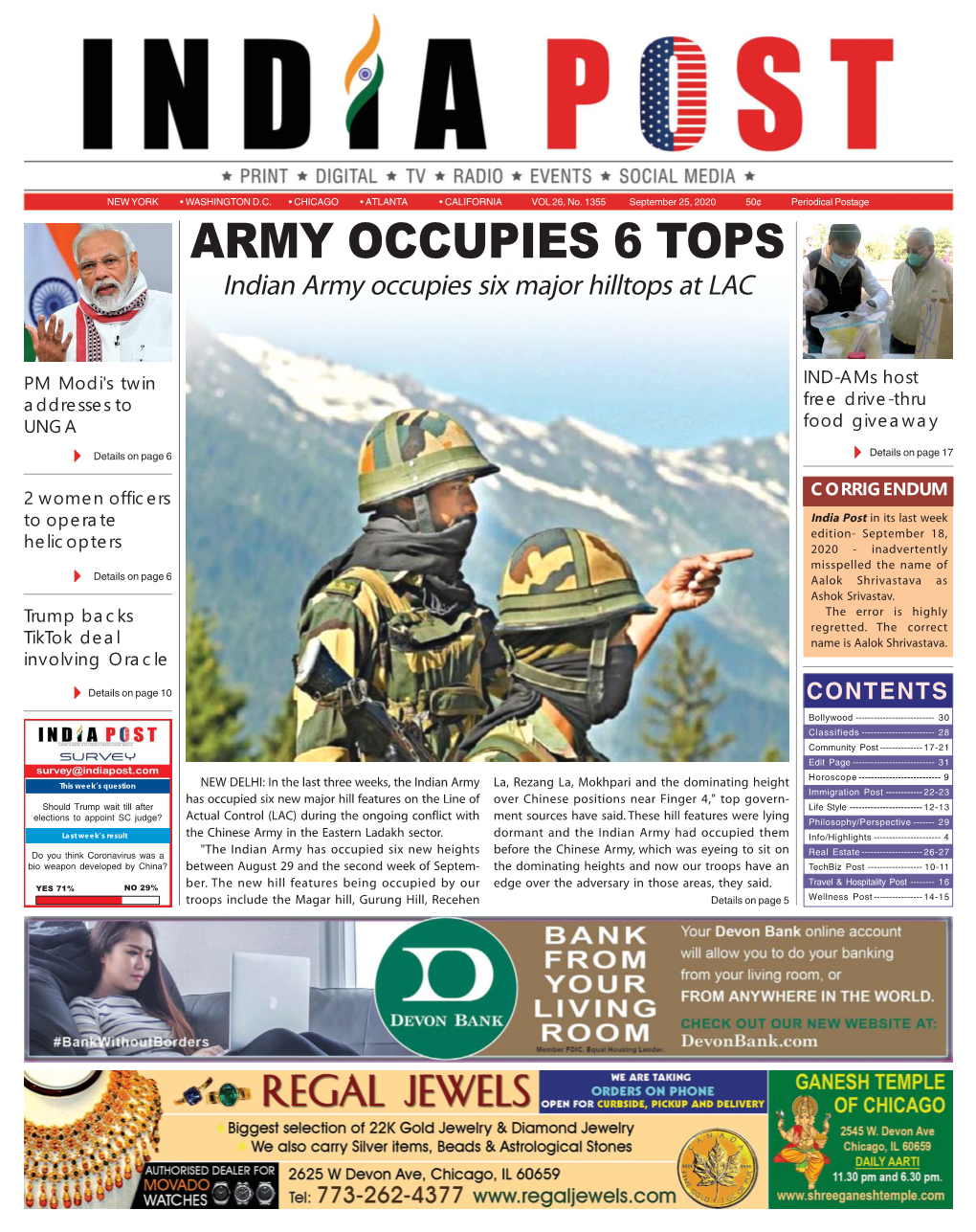 ARMY OCCUPIES 6 TOPS Indian Army Occupies Six Major Hilltops at LAC