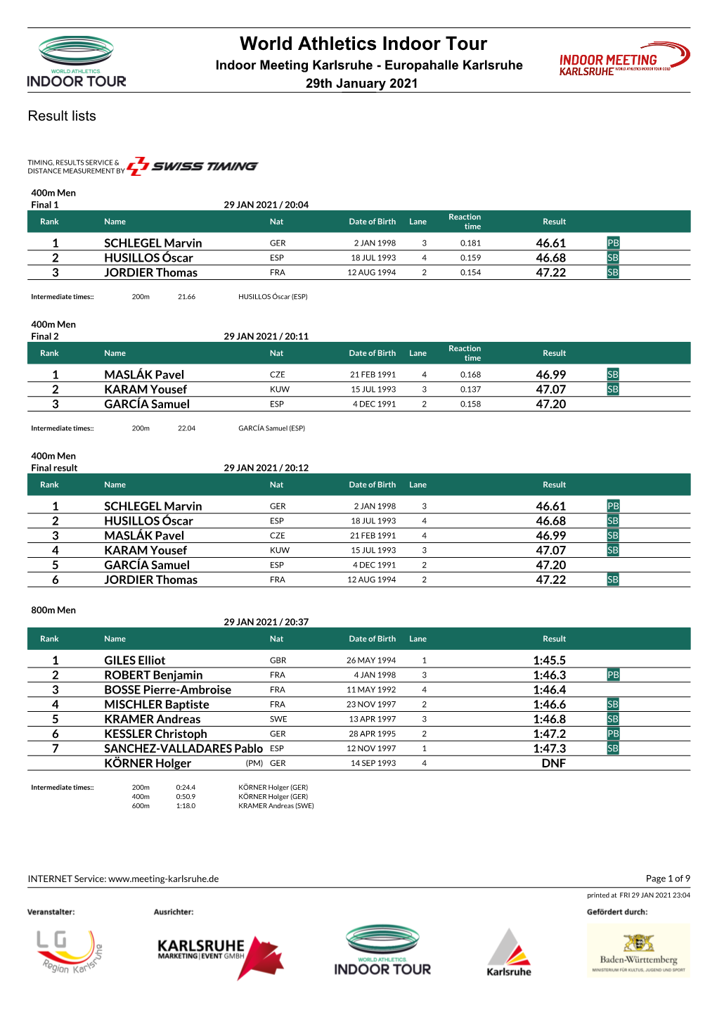 World Athletics Indoor Tour Indoor Meeting Karlsruhe - Europahalle Karlsruhe 29Th January 2021