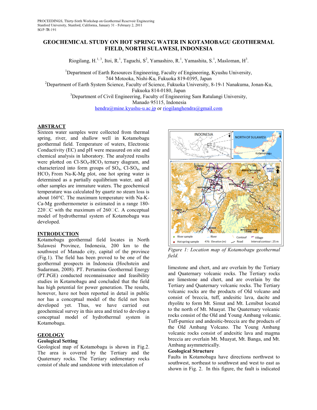 Hydrochemistry and Geothermometry at Kotamobagu Geothermal Field in North Sulawesi, Indonesia