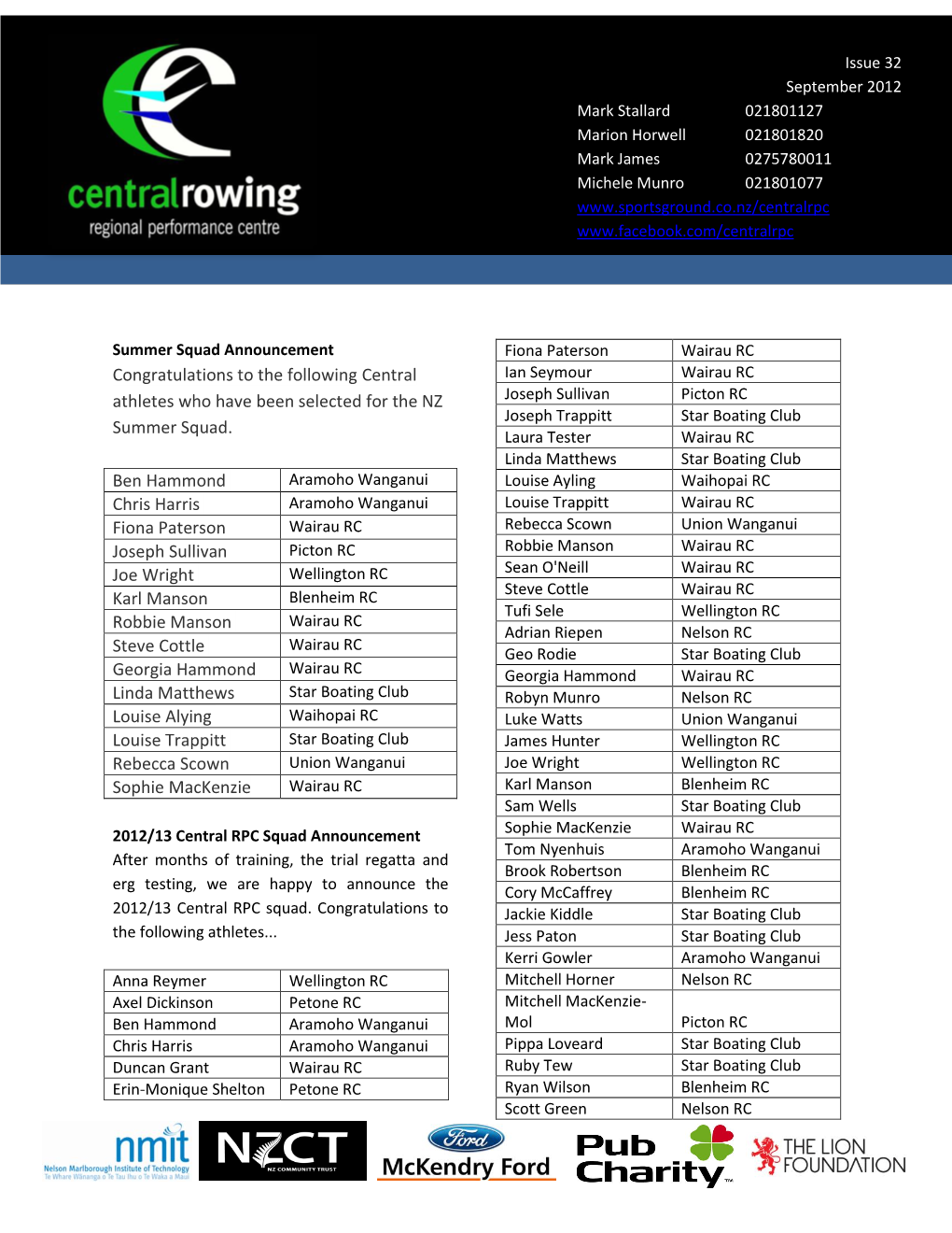 Congratulations to the Following Central Athletes Who Have Been Selected for the NZ Summer Squad. Ben Hammond Chris Harris Fi
