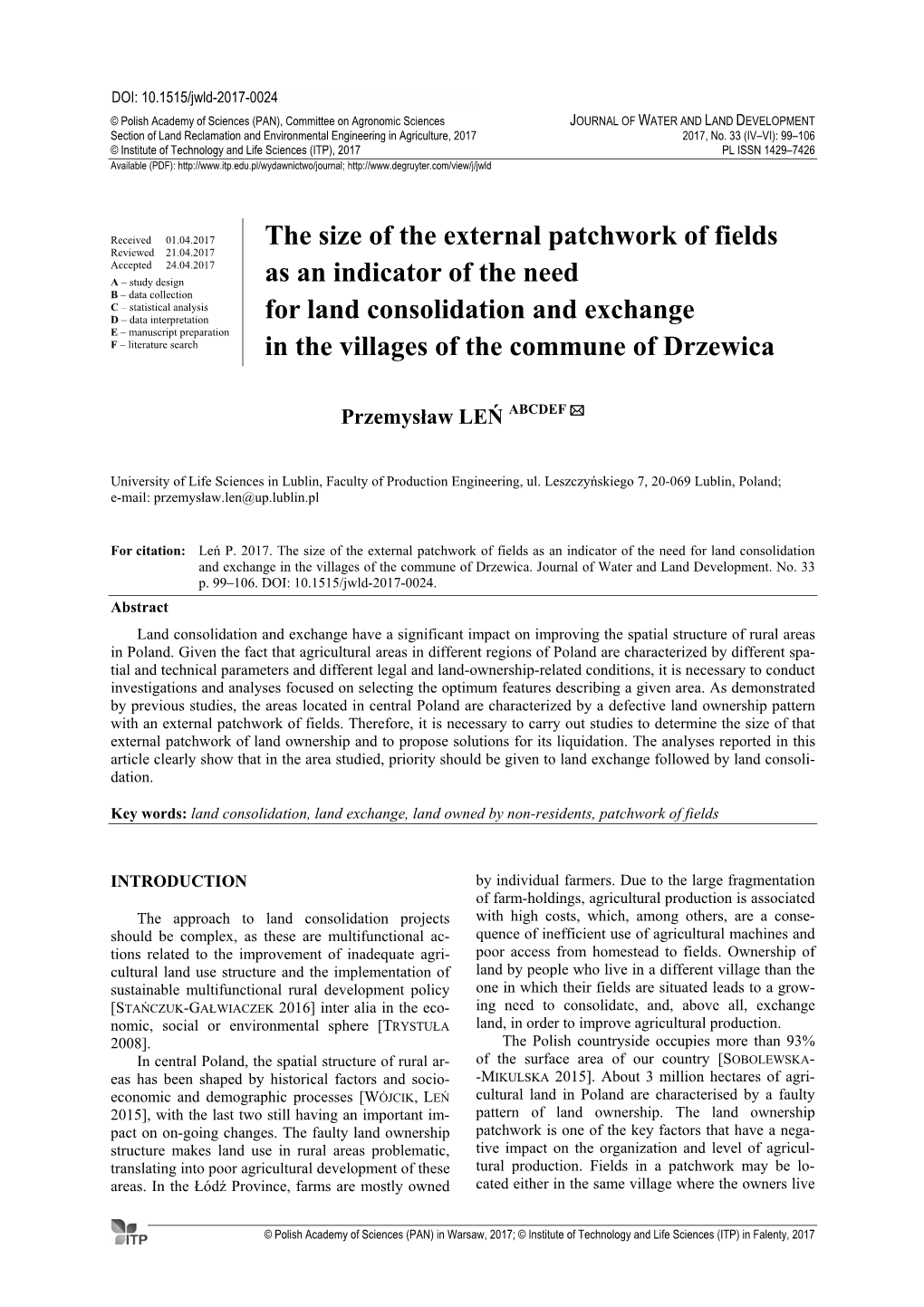 The Size of the External Patchwork of Fields As an Indicator of the Need for Land Consolidation and Exchange in the Villages of the Commune of Drzewica