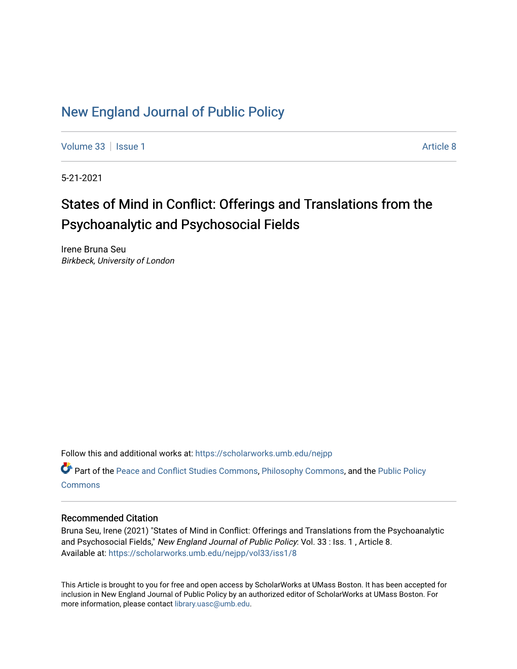 States of Mind in Conflict: Offerings and Translations from the Psychoanalytic and Psychosocial Fields