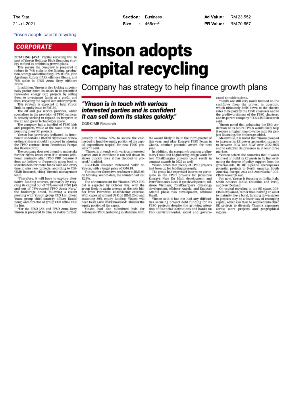 The Star Yinson Adopts Capital Recycling