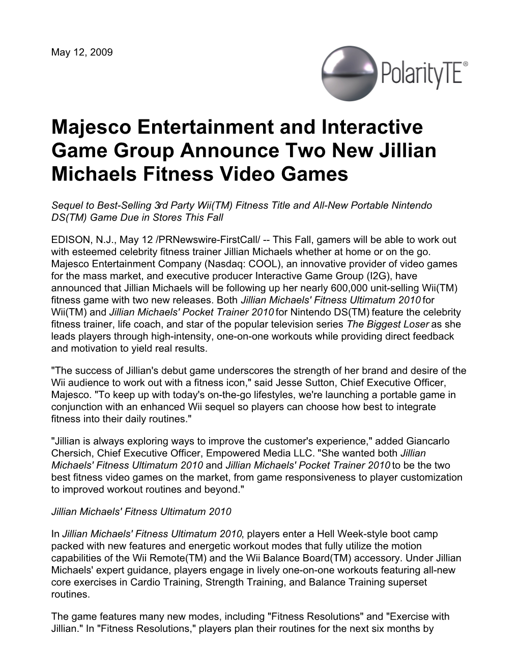 Majesco Entertainment and Interactive Game Group Announce Two New Jillian Michaels Fitness Video Games