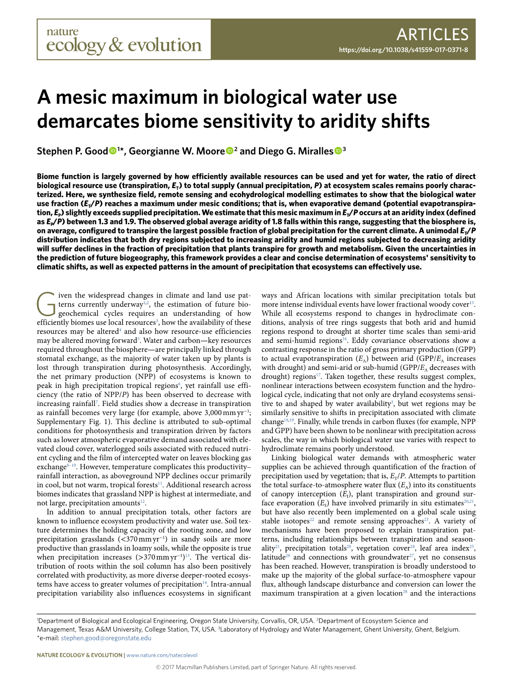 A Mesic Maximum in Biological Water Use Demarcates Biome Sensitivity to Aridity Shifts
