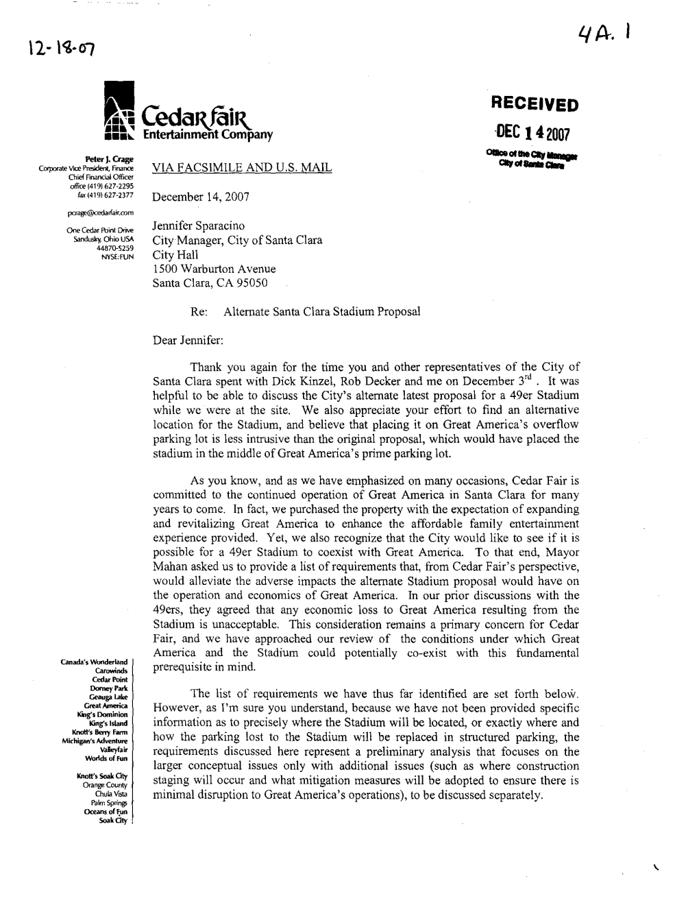 Letter from Cedar Fair Entertainment Company Regarding Alternate Santa Clara Stadium Proposal