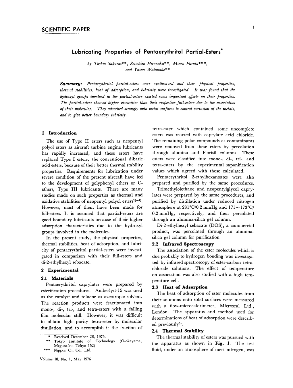 Lubricating Properties of Pentaerythritol Partial-Esters*