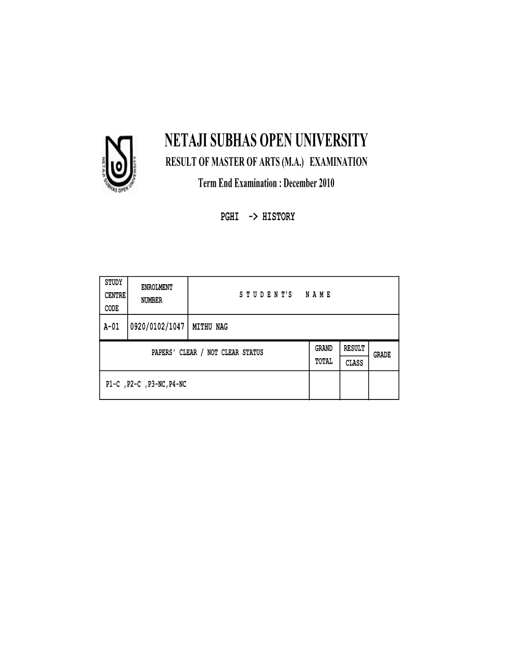 NETAJI SUBHAS OPEN UNIVERSITY RESULT of MASTER of ARTS (M.A.) EXAMINATION Term End Examination : December 2010