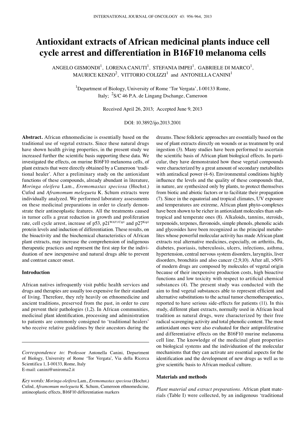 Antioxidant Extracts of African Medicinal Plants Induce Cell Cycle Arrest and Differentiation in B16F10 Melanoma Cells