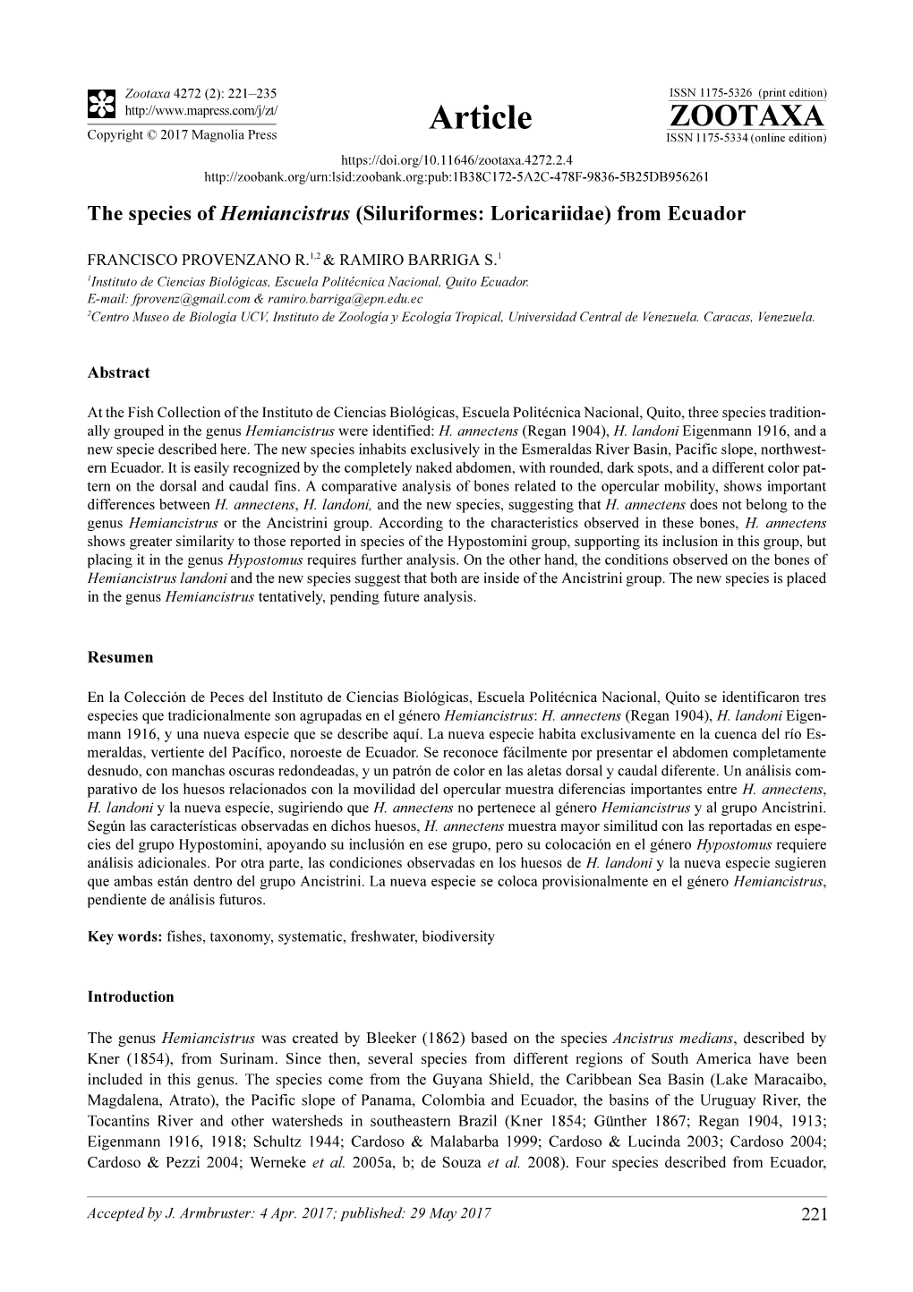 The Species of Hemiancistrus (Siluriformes: Loricariidae) from Ecuador