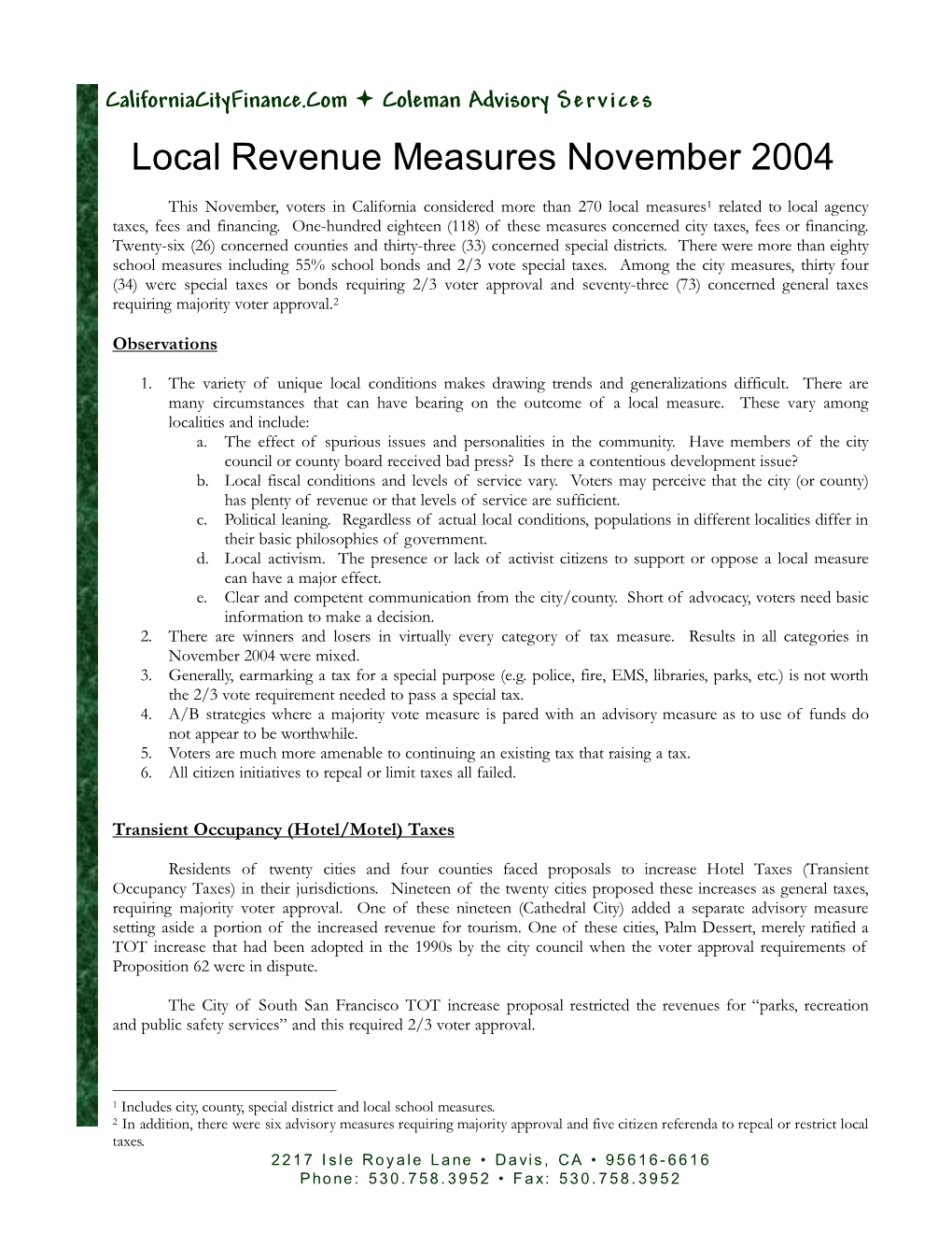 Local Revenue Measures November 2004