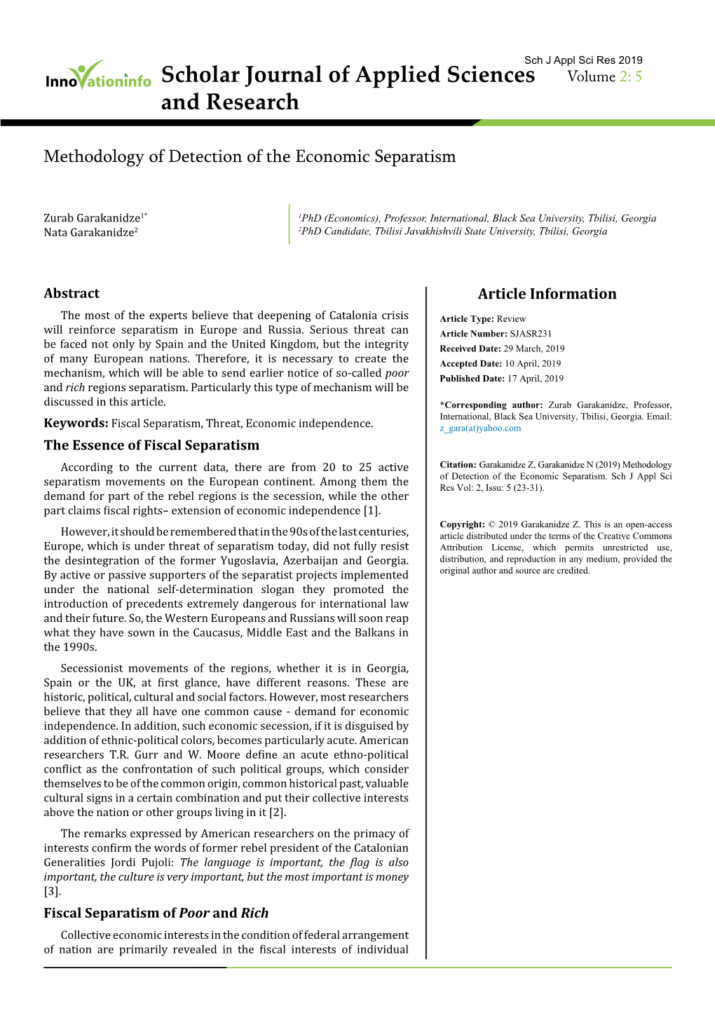 Methodology of Detection of the Economic Separatism