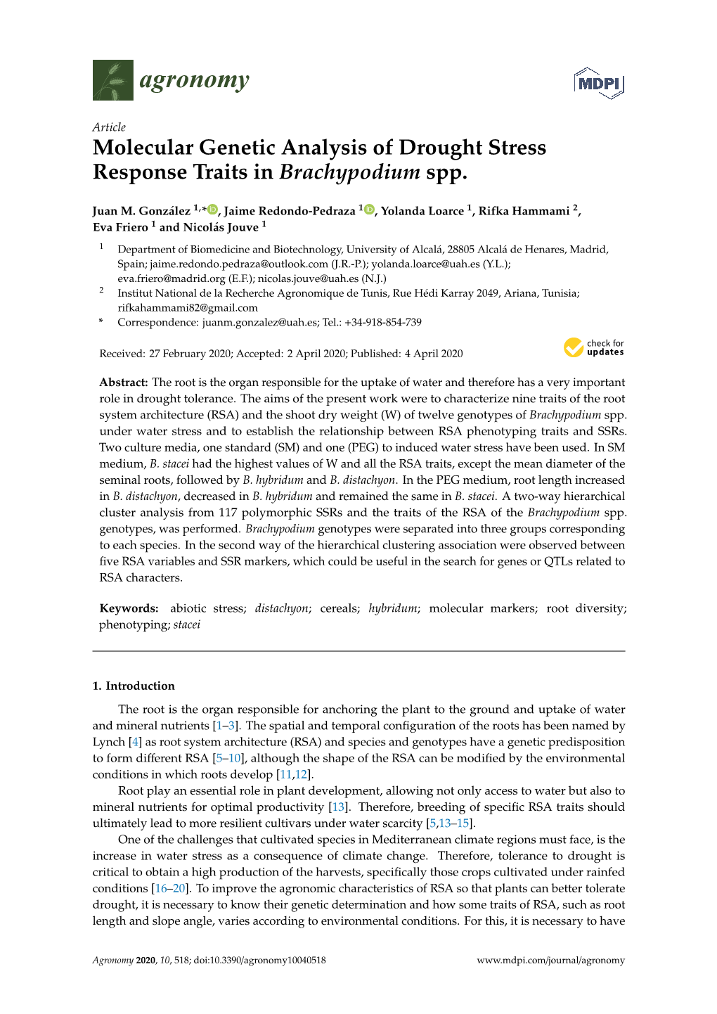 Molecular Genetic Analysis of Drought Stress Response Traits in Brachypodium Spp