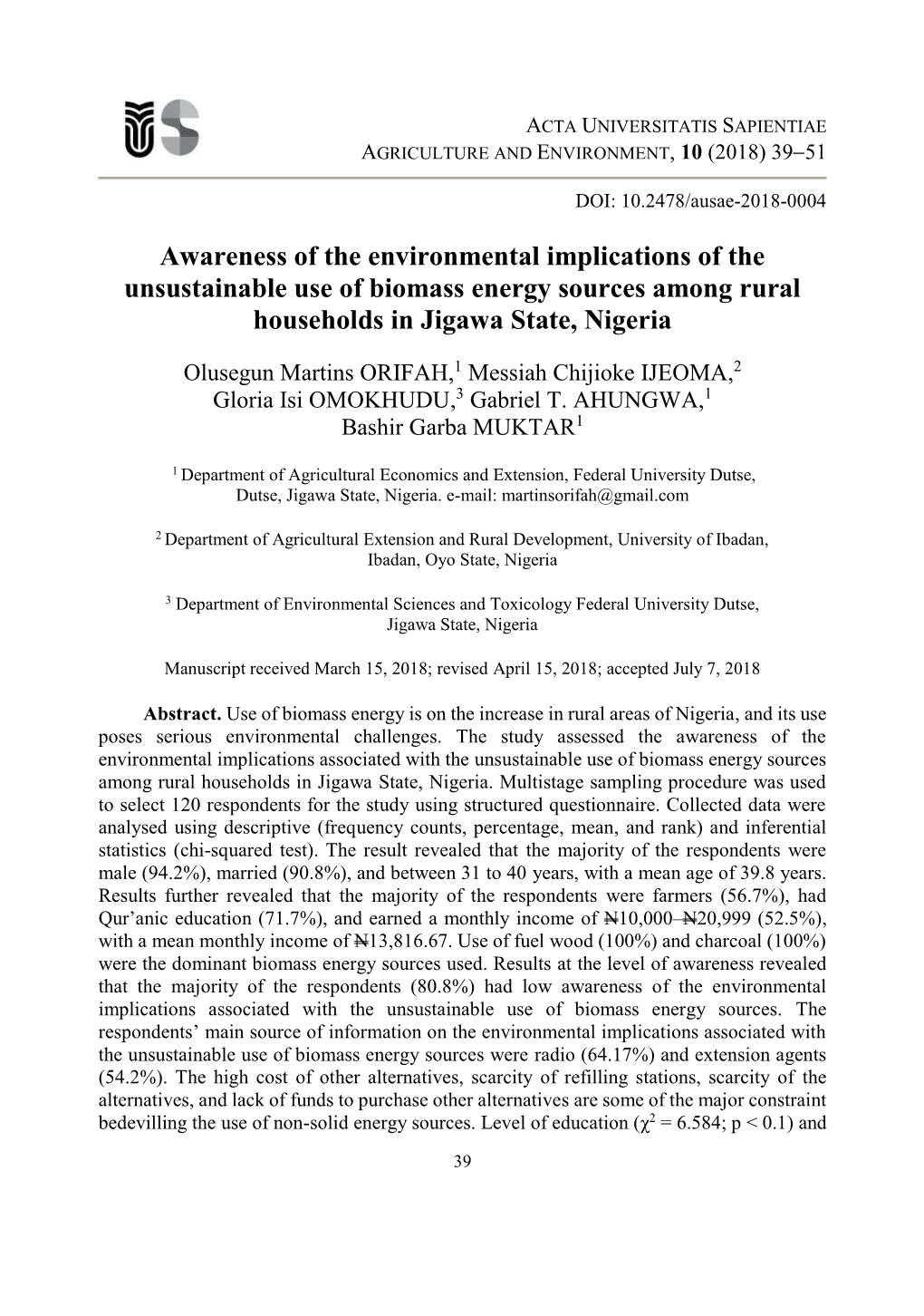 Awareness of the Environmental Implications of the Unsustainable Use of Biomass Energy Sources Among Rural Households in Jigawa State, Nigeria