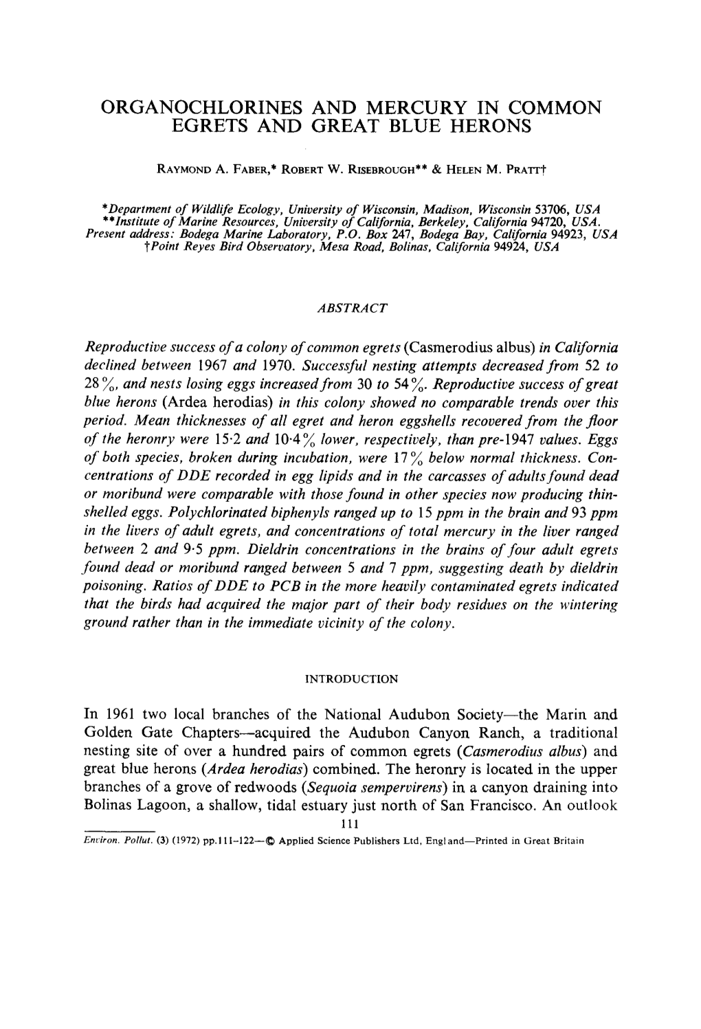 Organochlorines and Mercury in Common Egrets and Great Blue Herons