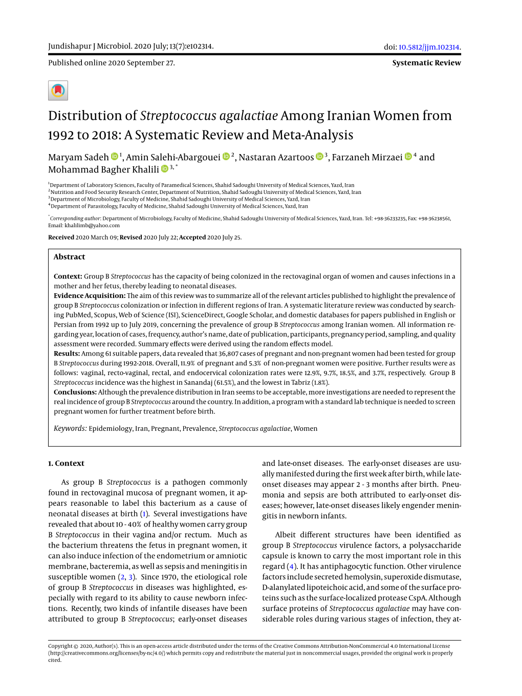 Distribution of Streptococcus Agalactiae Among Iranian Women from 1992 to 2018: a Systematic Review and Meta-Analysis