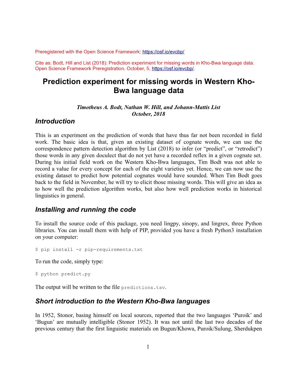 Prediction Experiment for Missing Words in Kho-Bwa Language Data