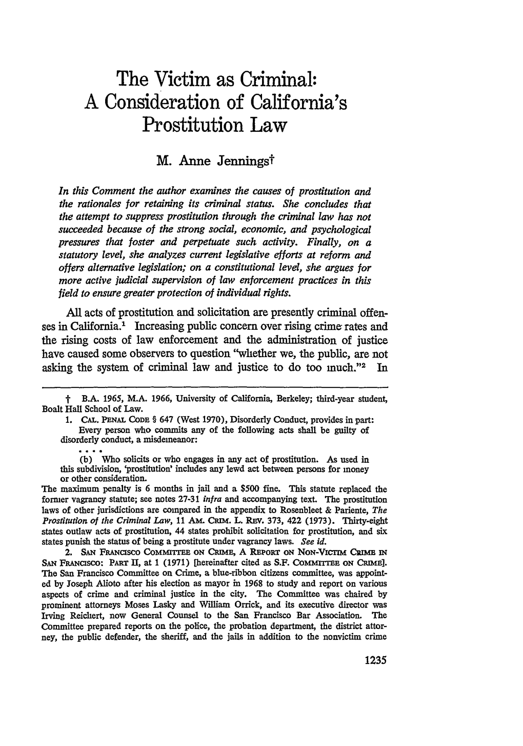 A Consideration of California's Prostitution Law