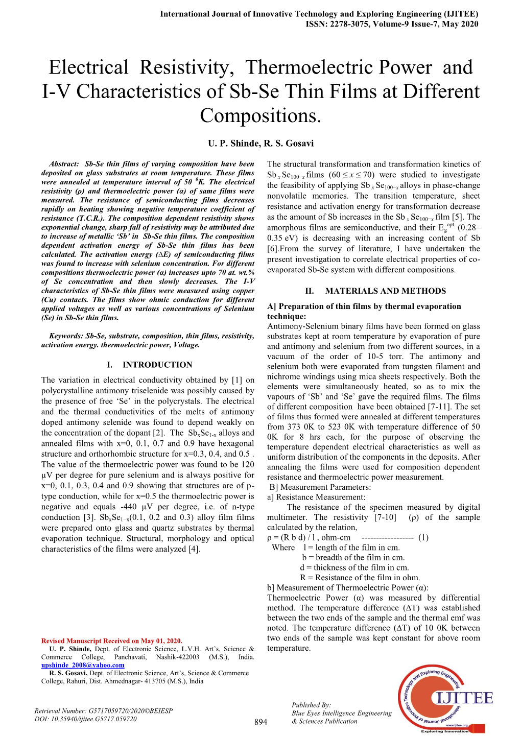 Electrical Resistivity, Thermoelectric Power and I-V Characteristics of Sb-Se Thin Films at Different Compositions