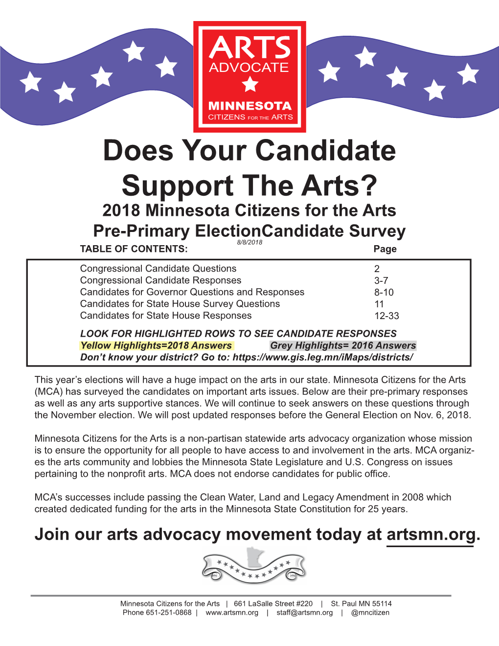 Does Your Candidate Support the Arts? 2018 Minnesota Citizens for the Arts Pre-Primary Electioncandidate Survey 8/8/2018 TABLE of CONTENTS: Page