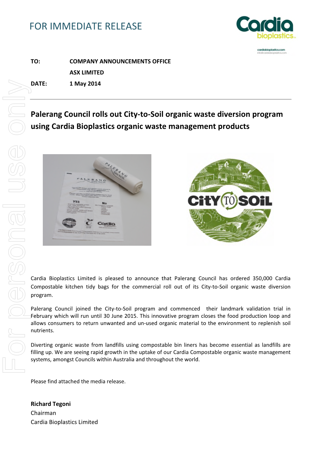 Palerang Council Rolls out City-To-Soil Organic Waste Diversion Program Using Cardia Bioplastics Organic Waste Management Products