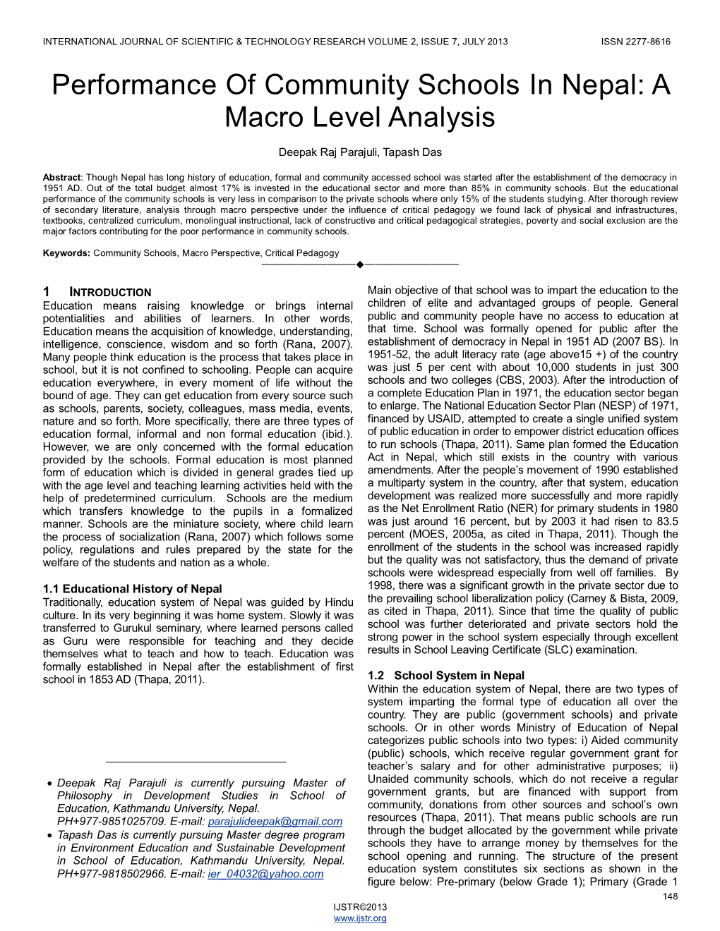 Performance of Community Schools in Nepal: a Macro Level Analysis