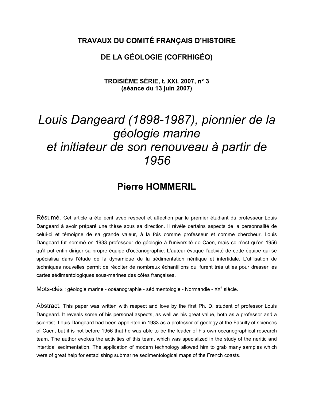 Louis Dangeard (1898-1987), Pionnier De La Géologie Marine Et Initiateur De Son Renouveau À Partir De 1956