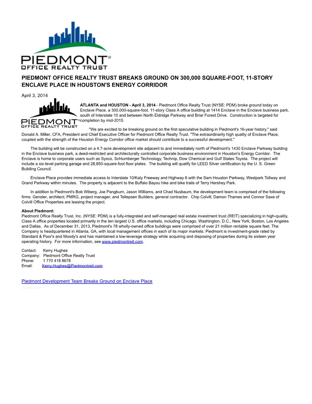 Piedmont Office Realty Trust Breaks Ground on 300,000 Square-Foot, 11-Story Enclave Place in Houston's Energy Corridor