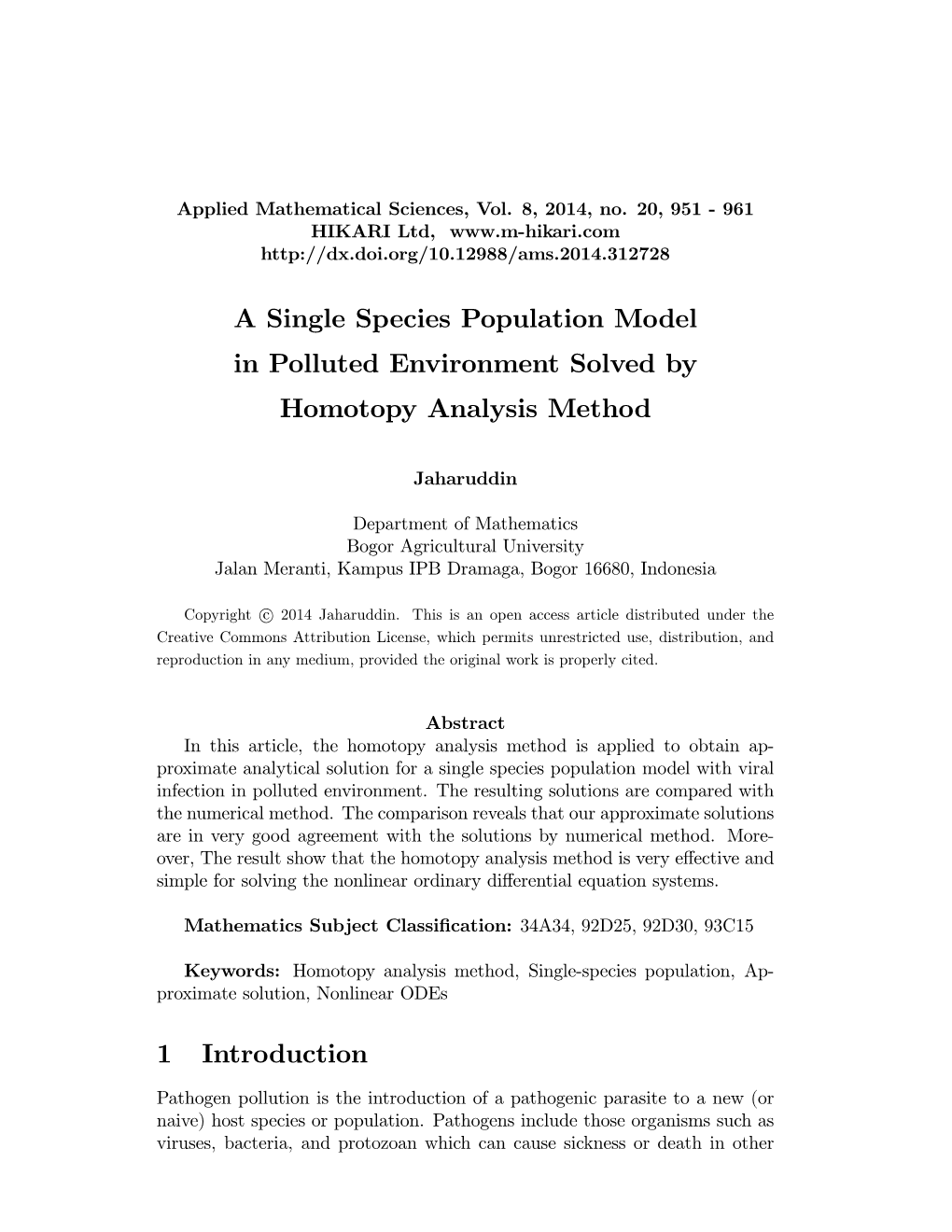 A Single Species Population Model in Polluted Environment Solved by Homotopy Analysis Method