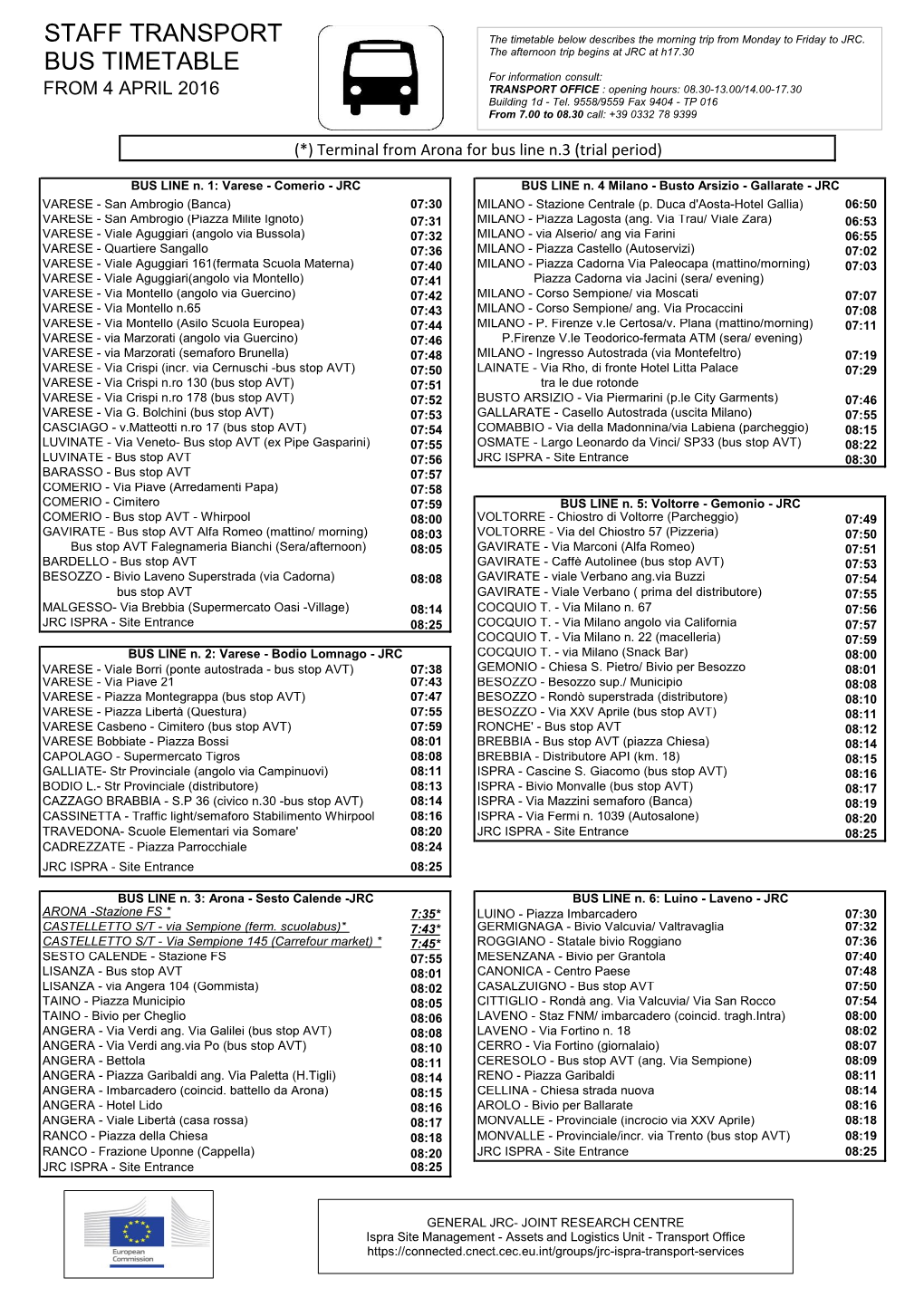 Staff Transport Bus Timetable