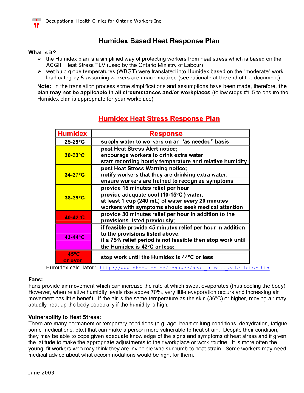 Humidex Based Heat Response Plan