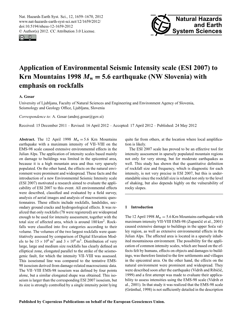 Application of Environmental Seismic Intensity Scale (ESI 2007) to Krn Mountains 1998 Mw = 5.6 Earthquake (NW Slovenia) with Emphasis on Rockfalls