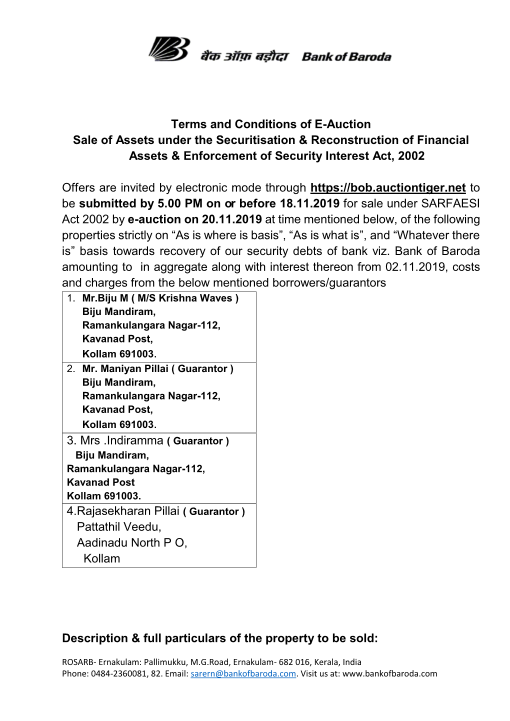 Terms and Conditions of E-Auction Sale of Assets Under the Securitisation & Reconstruction of Financial Assets & Enforcement of Security Interest Act, 2002