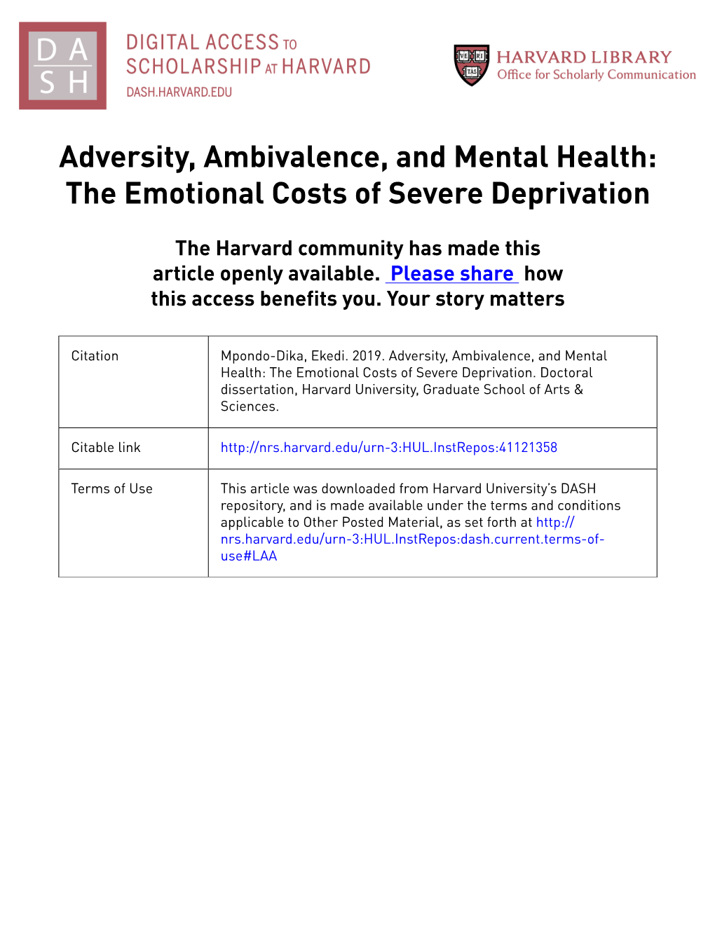 Adversity, Ambivalence, and Mental Health: the Emotional Costs of Severe Deprivation